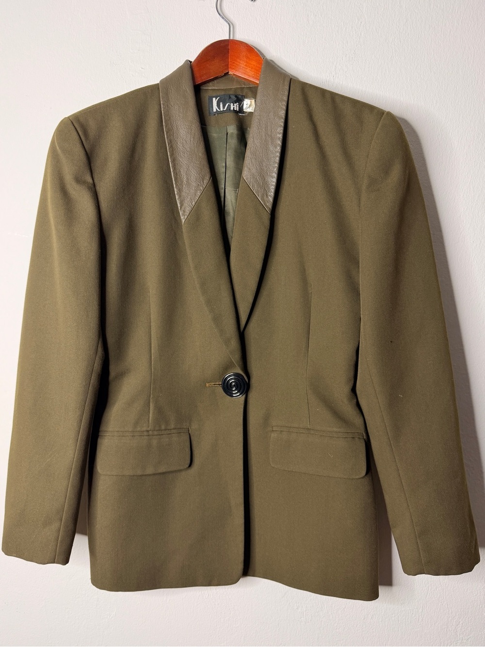 Vintage Kishi Olive Green Genuine Leather Lapel Blazer Jacket Sz 4
